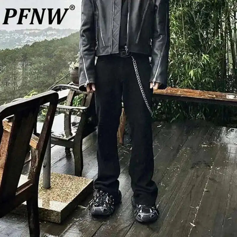PFNW High Street Simple Design Men's Black Micro-flared Pants Trendy 2025 New Solid Color Jeans Spring Tide Trousers 28W5577