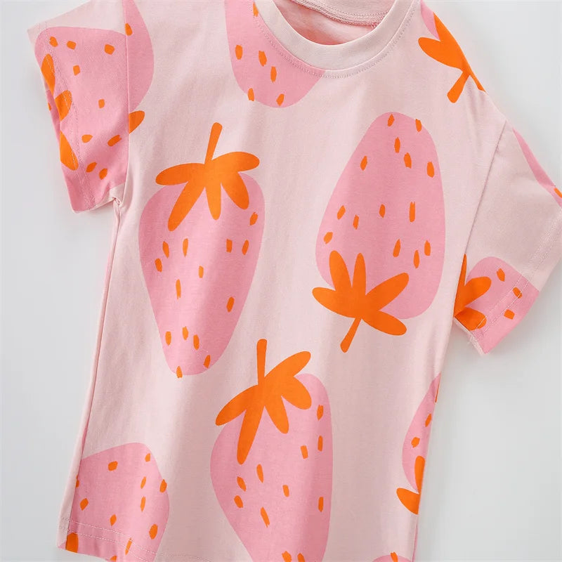 Jumping Meters 100% Cotton 3-8T Strawberry Girl 2 PCS Sets Baby Outfits Summer Tops + Shorts Children's Clothing Toddler Outfits