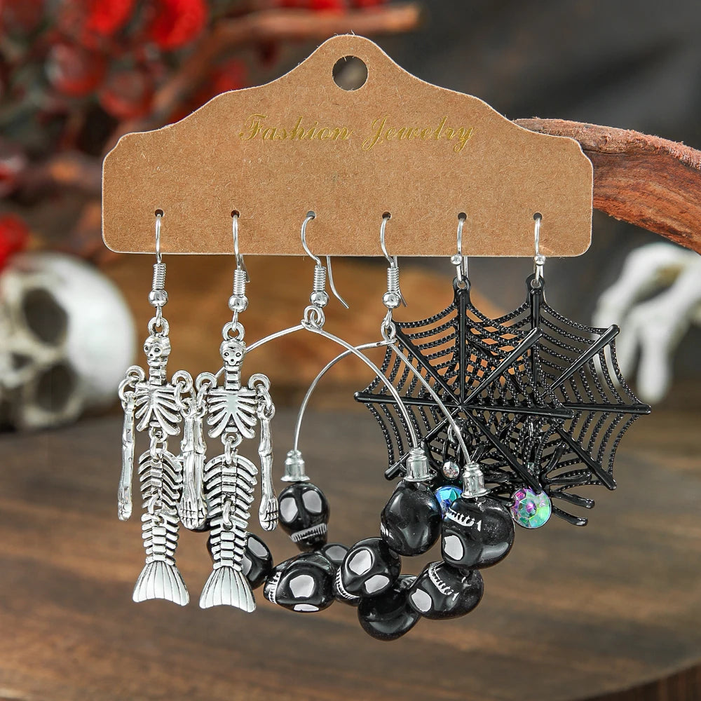 Halloween Dangle Earrings Set Creepy skull Face Mask Cobweb Imitation of Human Skeleton Creative Ear Jewelry Versatile Gifts