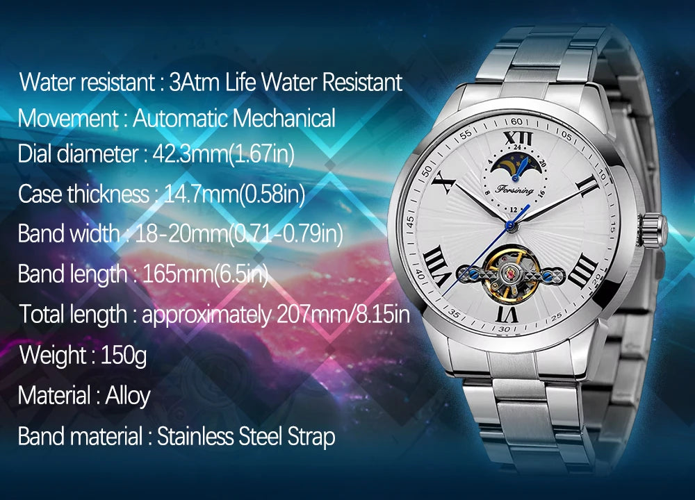 Forsining Men's Automatic Tourbillon Moon Phase Mechanical Watch Stainless Steel 3ATM Waterproof Luxury Design Business Style