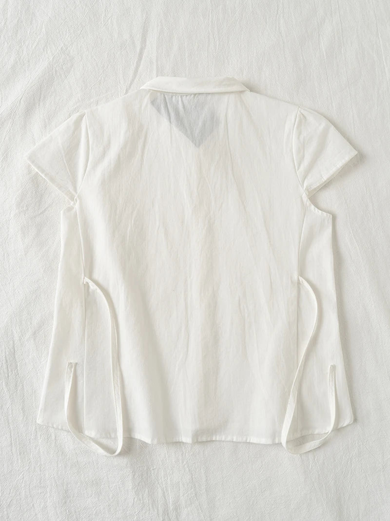 Back Lace-up White Blouse Women Peter Pan Collar Slim Short Sleeve Blouses Summer Casual Simple Sweet Chic Y2k Top Shirts Femme