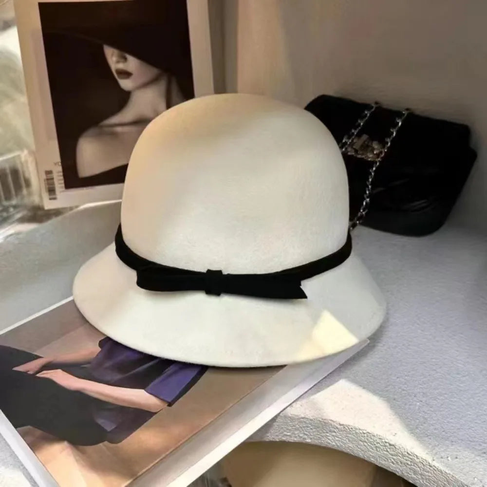 Retro Hepburnesque Felt Formal Hat Panama Cap Wealthy Heiress Style Bowknot Bucket Hat British Style Travel