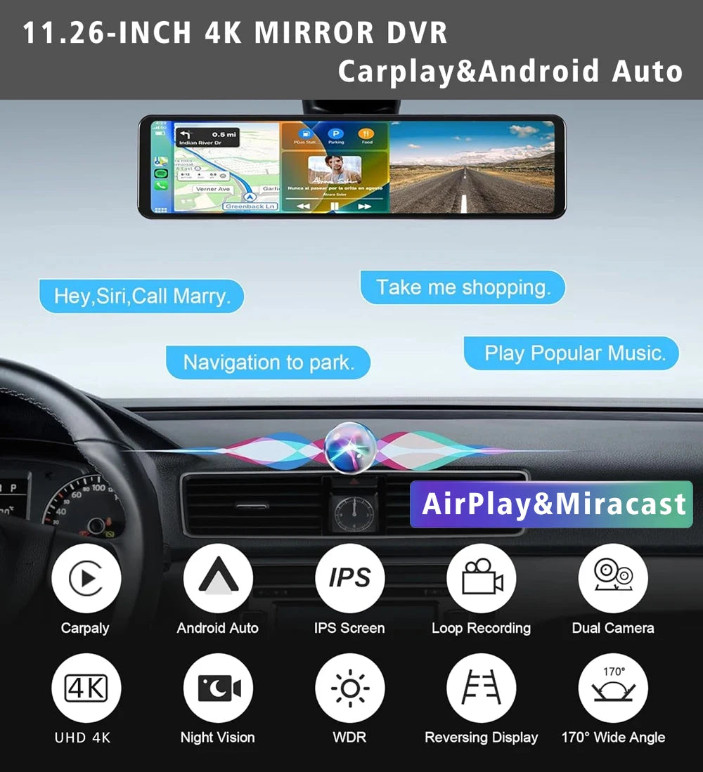 11.26" 4K 2160P Car Dvr Carplay Android Auto Dash Cam GPS WIFI BT FM Stream Rear View Mirror Dashcam Dvrs Camera Drive Recorder