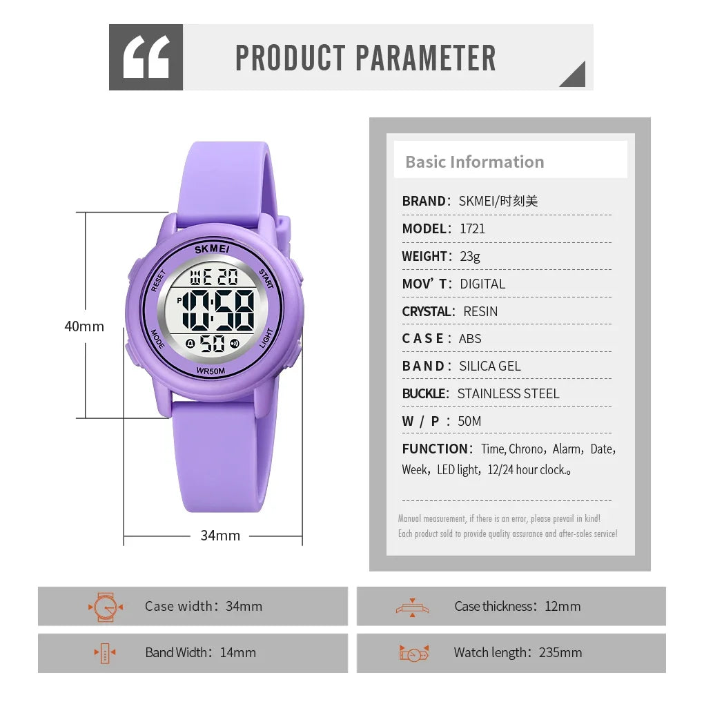 SKMEI 1721 Children Digital Color Shockproof Wristwatch for Boy Girl Sport Waterproof Colorful Kids Electronic Watch Clock 1266