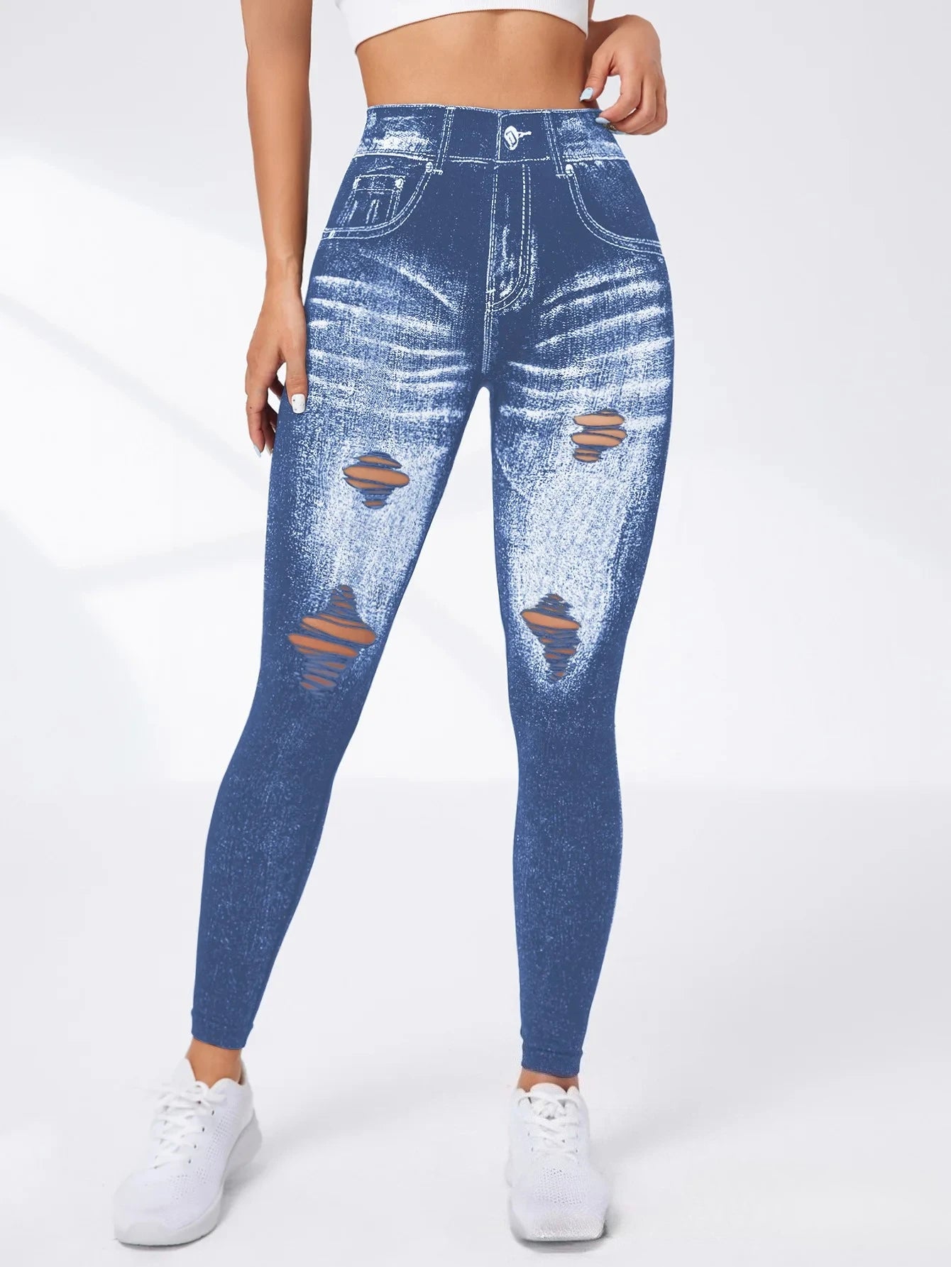 Women's Gym Printed Yoga Tight Pants Seamless High Waisted Denim-like Perforated Fake Pocket Tight Pants Yoga Fitness Leggings