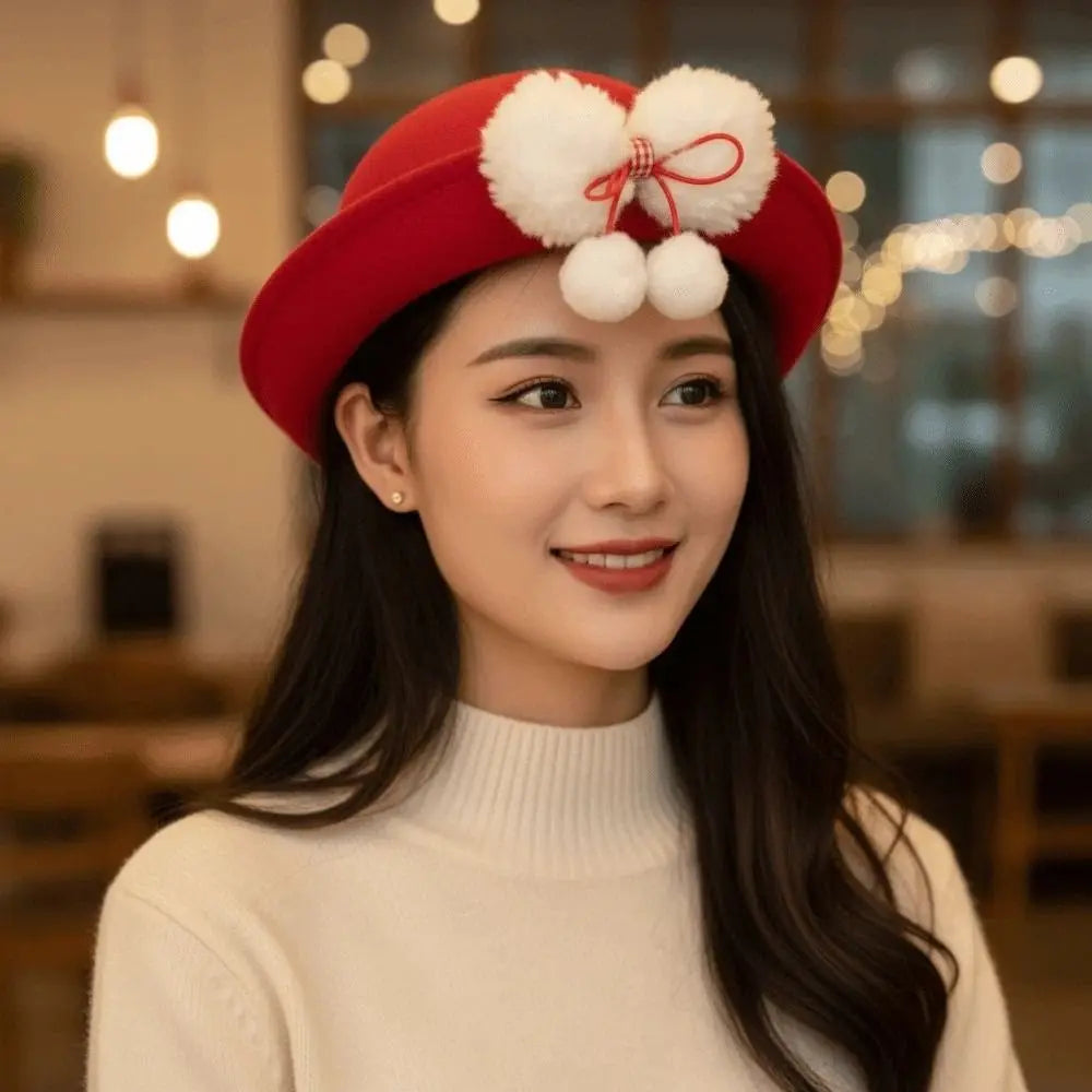 Top Hat Vintage Looking Red Bowler Hats Beret Japanese Style Woolen Bucket Cap Versatile Bow Girls Dome Hat Performances