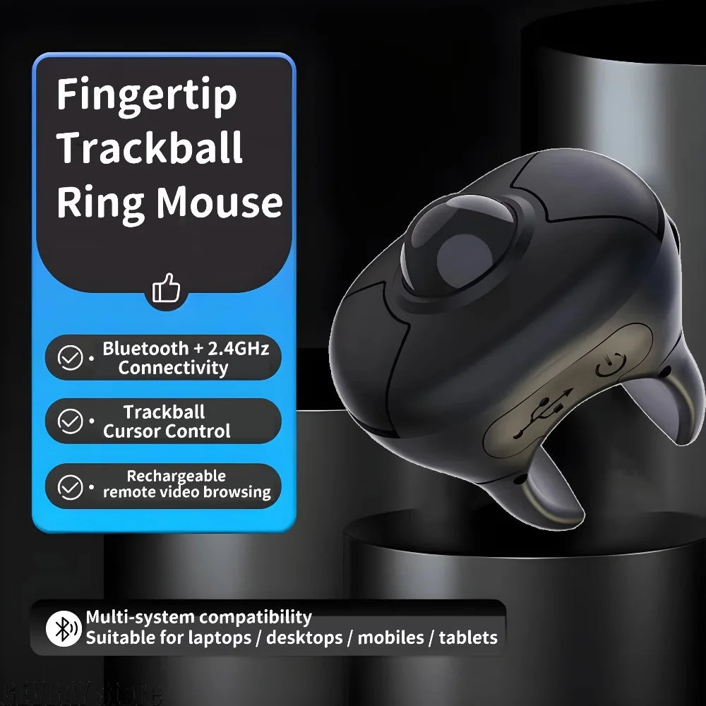 Trackball Finger Ring Mouse - 2.4G+Bluetooth Wireless Remote for Short Video/PPT/In-Vehicle Display