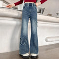 New Junior Girls Denim Pants Ins Bow Patchwork Children Girls Flared Pant Loose Elastic Waist Casual 4-14Y School Girls Trousers