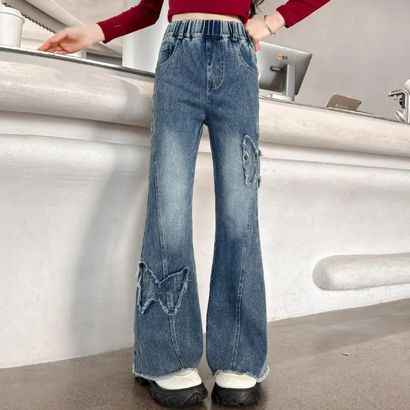 New Junior Girls Denim Pants Ins Bow Patchwork Children Girls Flared Pant Loose Elastic Waist Casual 4-14Y School Girls Trousers