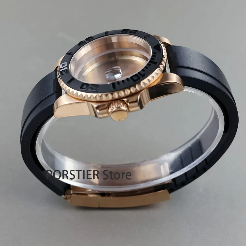 High quality 40mm Rose Gold Men Watch Cases Rubber Strap For Seiko nh34 nh35 nh36 100m waterproof 28.5mm Dial YACHT-MASTER case