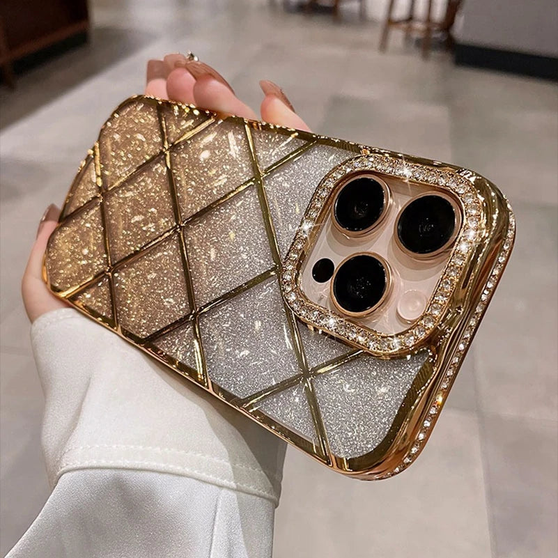 Luxury Diamond Case for iPhone 16Pro 15Pro Max Rhombus Transparent Plating Soft Silicone Cover for iPhone 15 16 13 12 14 Pro Max
