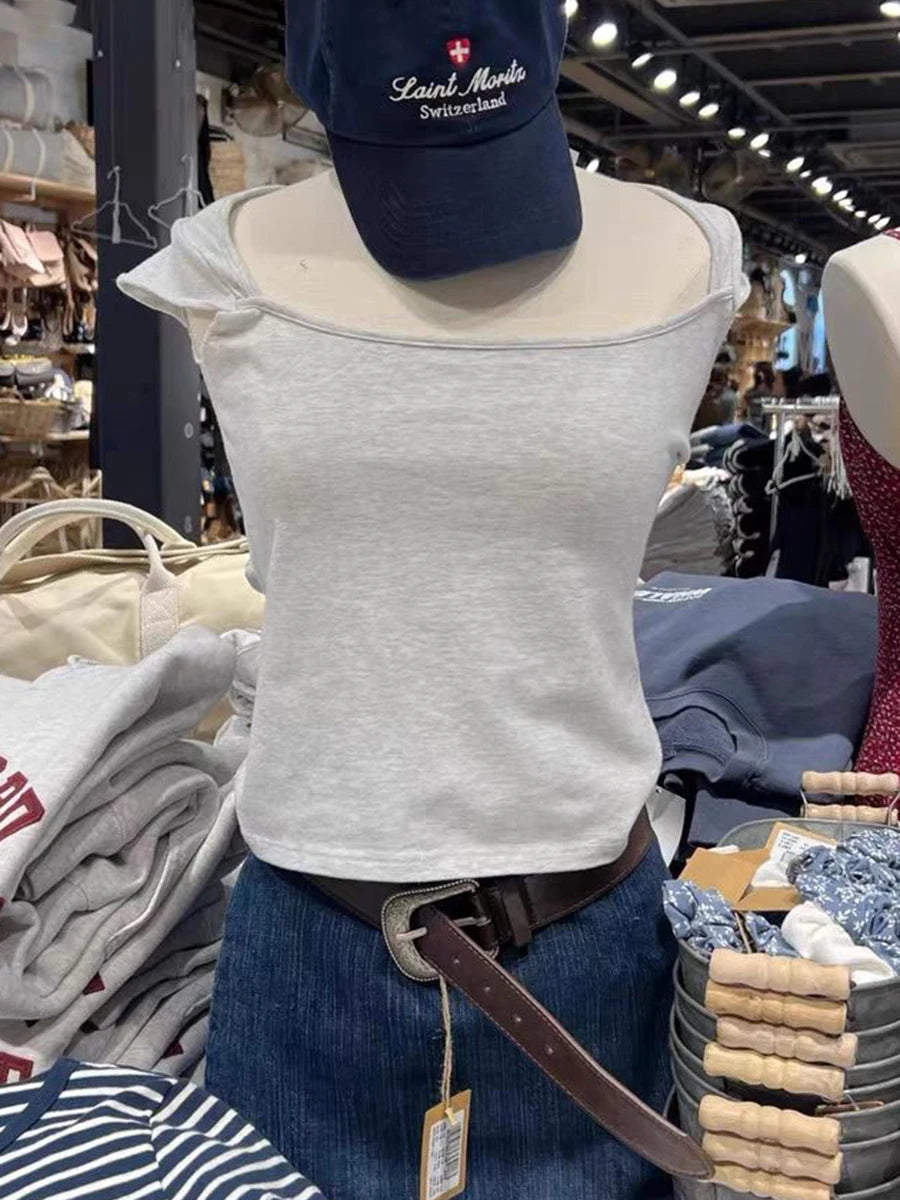 New Sweet Pink Cotton Crimping Short Sleeve Tees Women Summer Casual Simple Square Collar Crop Tops Vintage Basic Y2K T-shirts