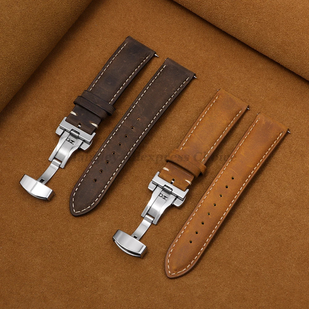 Genuine Calfskin Leather Watchband for Seiko for Omega Business Watch Band 14/16/18/20mm 22mm Butterfly Buckle Stitching Straps
