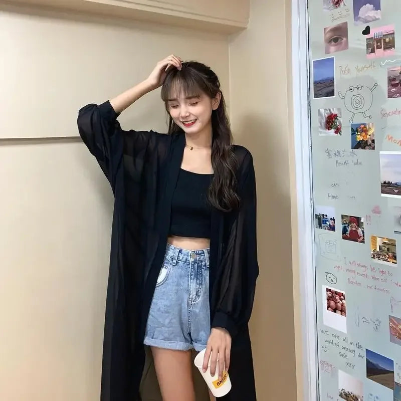 Long Shirts Women Summer Girls Sunscreen Clothing Seethrough Thin Loose Solid Simple Leisure All-match Korean Style Chiffon Tops