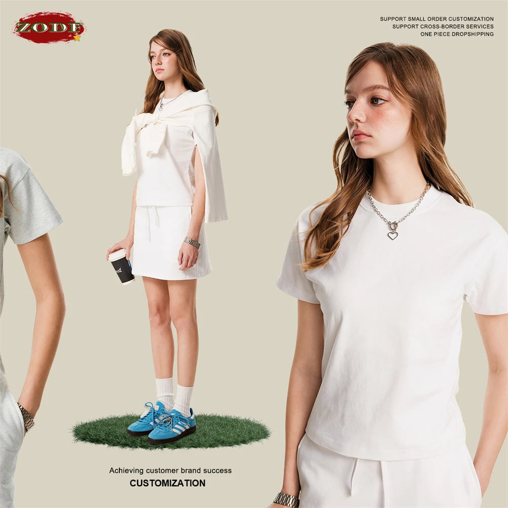 ZODF Women 2025 Spring 305gsm Cotton T-Shirts American Retro Hotsweet Girl Solid Comfortable T Shirt Brand Tees HY0968