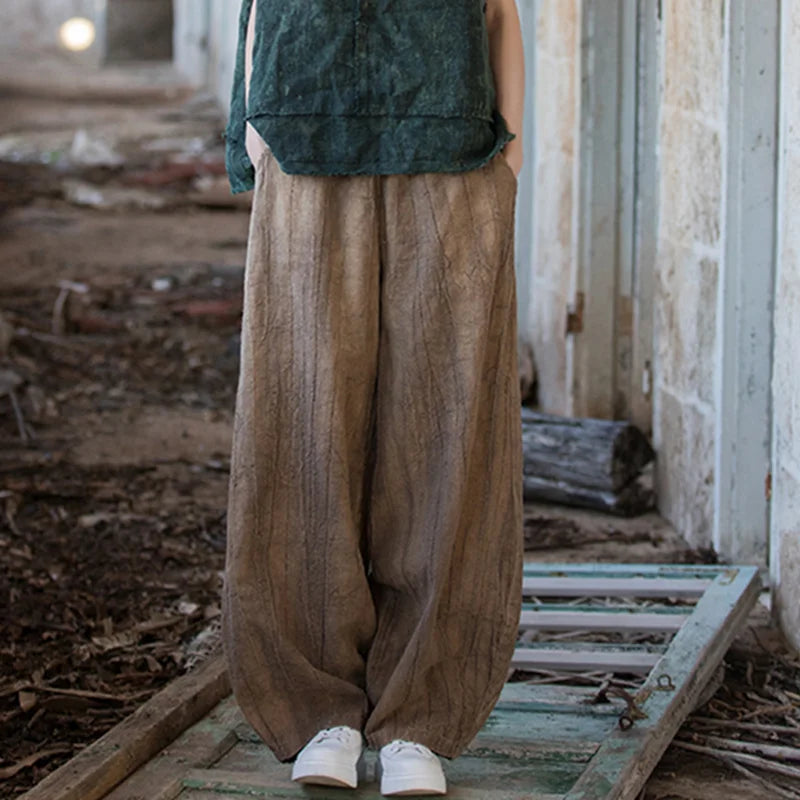 Elegant Women's Cotton Linen Baggy Cargo Pants Vintage Elastic Waist Yoga Trousers Loose Casual Long Wide Leg Oversize Clothes