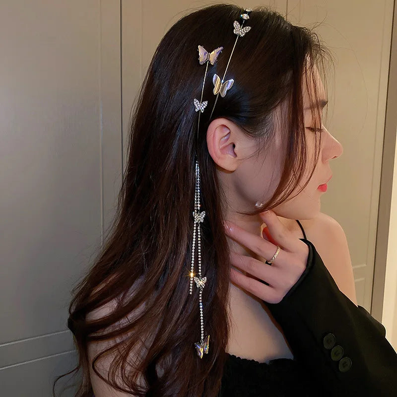 DREJEW Butterfly Hairbands for Women Rhinestone Crystal Long Tassel Chain Headband Simulated Pearl Headwear Hair Accessories
