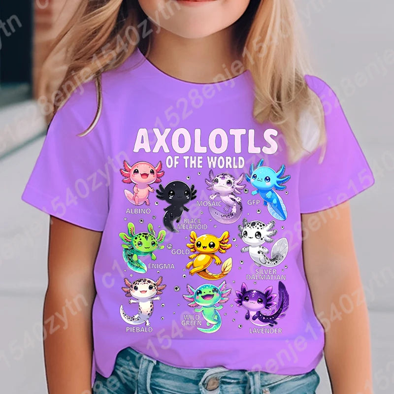 Colorful Cartoon Axolotls Graphic Print Tee, Girls' Casual & Comfy Crew Neck Short Sleeve T-shirt For Spring & Summer