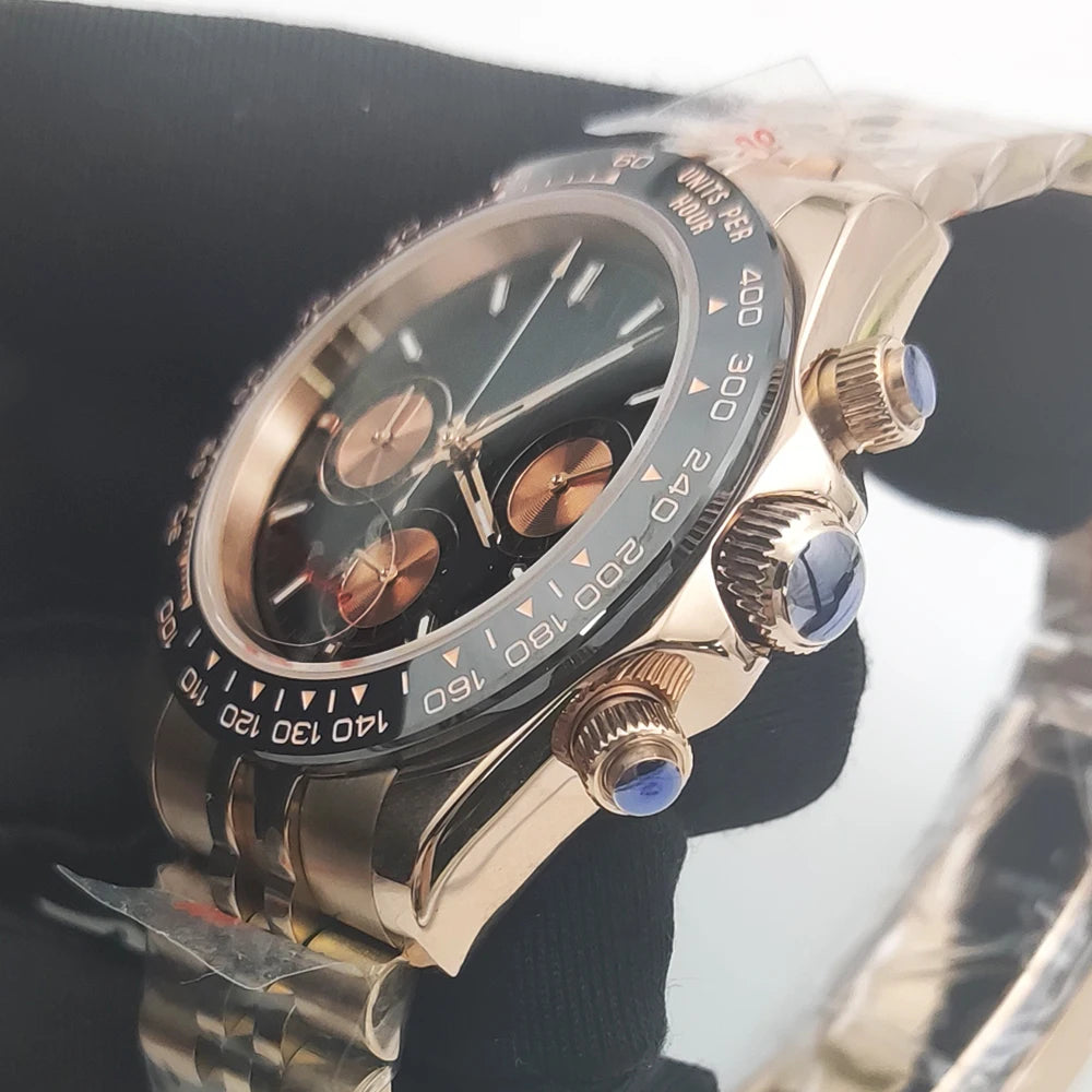 Luxury 39mm Rose gold Quartz Watch Men's Timing Sapphire Crystal VK63 Movement Calendar Luminous Blue Dial Stainless Steel Stra