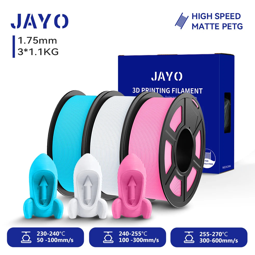 JAYO PETG/High Speed Matte PETG 3D Printing Filament 1.75MM Mix-Colors & No bubbles &Non-toxic For 3D Printer & Pen 3Rolls