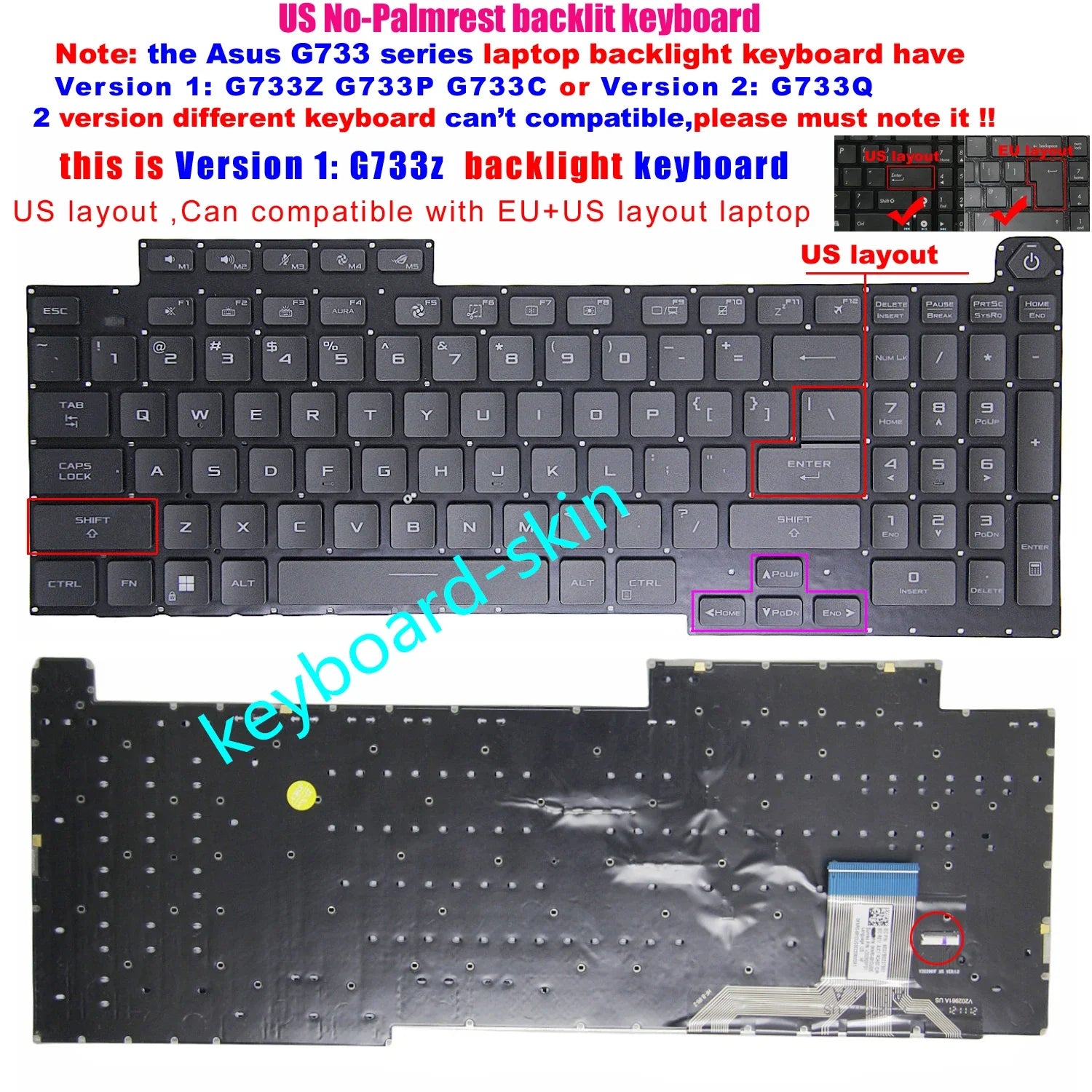 New US Backlit No-Palmrest Keyboard For ASUS ROG G17 G733Q G733QS G733QR G733QSA G733Z G733ZW G733ZX G733P G733PZ G733C G733CX