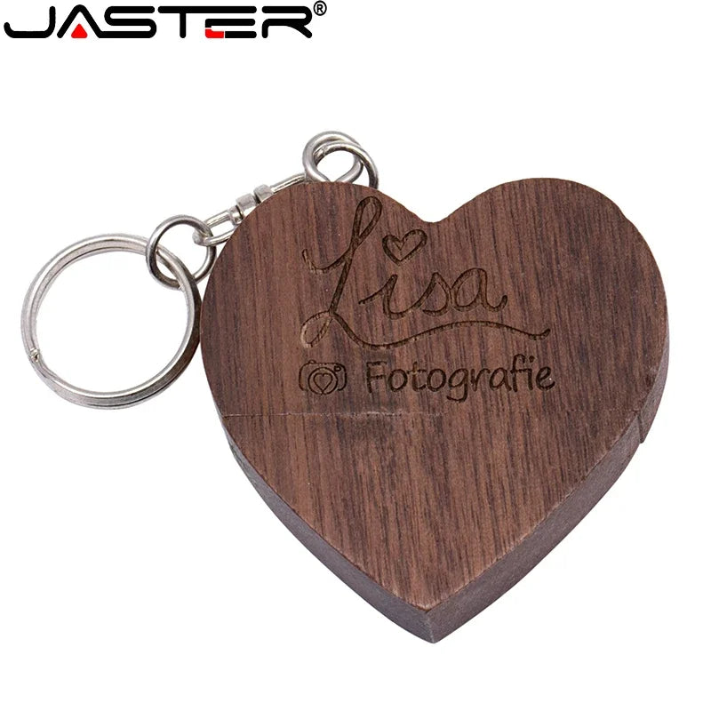 JASTER 10PCS/LOT Wooden Heart USB 2.0 Flash Drives 128GB  Free custom logo key chain Pen drive 64GB 32GB Business gift USB stick