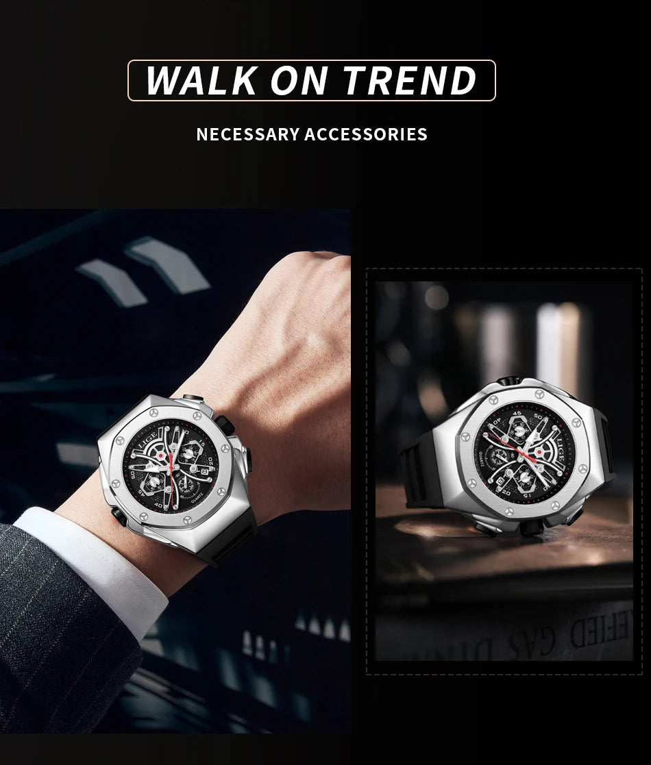 LIGE Mens Watches Top Brand Luxury Fashion Waterproof Watch For Men Silicone Sport Military Chronograph Wristwatch Montre Homme