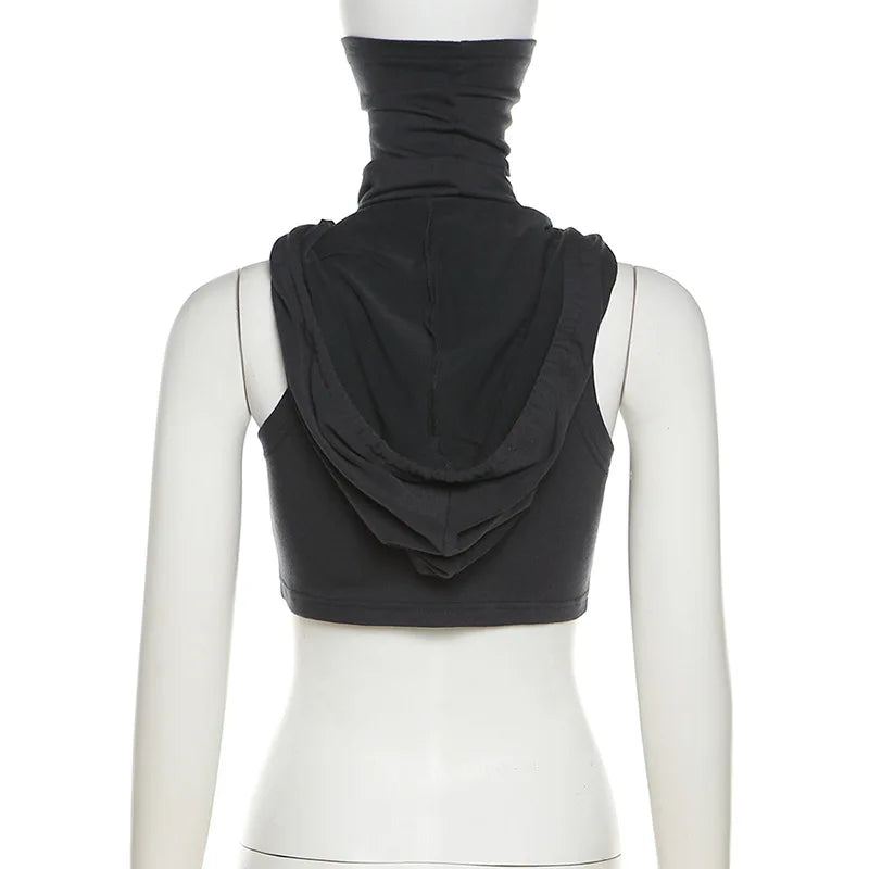 Summer Fashion Trend Solid Colour Y2k Tops New Casual Hooded Lace-Up Crop Top Sexy Slim High Neck Sleeveless Women Clothing