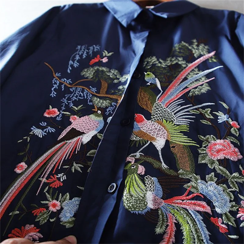 Literature Art Blouse For Women Shirt China Blusas Chic Embroidery Flower Blouses Loose Shirt Medium Length Vintage shirt Top