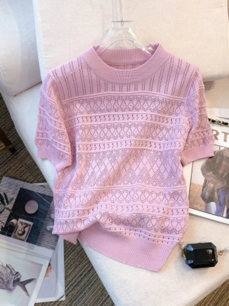 2026 New  Summer Thin Hollow Out Crew Neck Pullover Sweater Versatile Short Sleeve Knitted Top For Spring & Women's Clothing