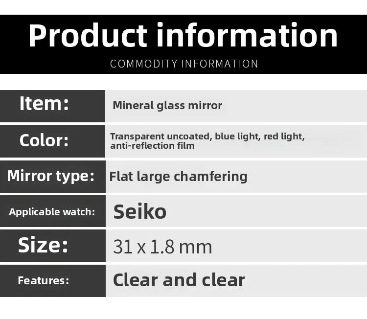 For Seiko No.5 SNX SNKH SCWA 31x1.8mm  Mineral Glass Flat With Big Chamfer Watch Mirror Transparent Coating Watch Crystal Parts
