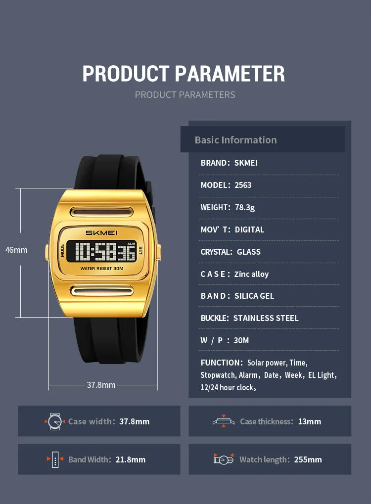SKMEI 2563 New Solar Men's Digital Watch Silicone Strap Waterproof Multi functional Electronic Watch Alarm Clock reloj hombre