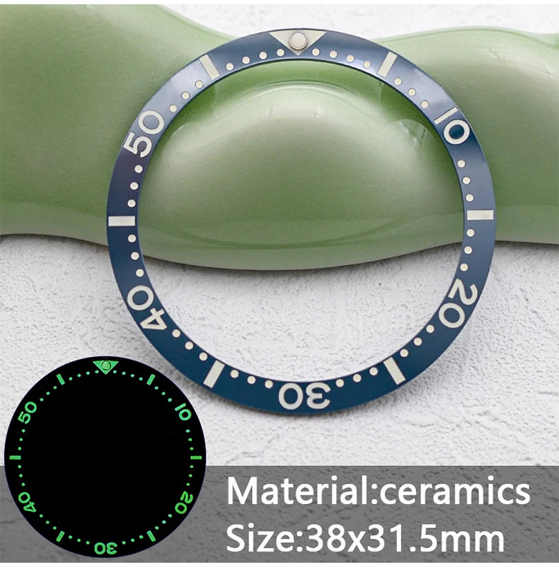 38mm x 31.5mm Flat Ceramic Luminous Bezel Insert for SKX007 SRPD Samurai King SPB185 Case Compatible, Replacement Ceramic Bezel