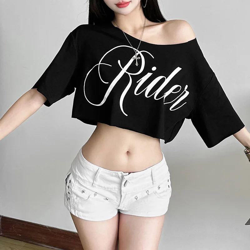 SylCue Letter Print Oversized T-shirt Women Skew Collar Short Sleeves Off Shoulders Irregular Hem Hip-hop Style Trend Crop Tops