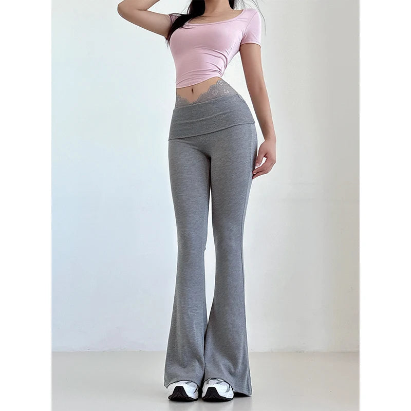 Pure Desire Lace Patchwork V-waist Slim Micro Flared Pants High Waist Slim Thin Long Pants For Summer Women Sweet Women ZRC7