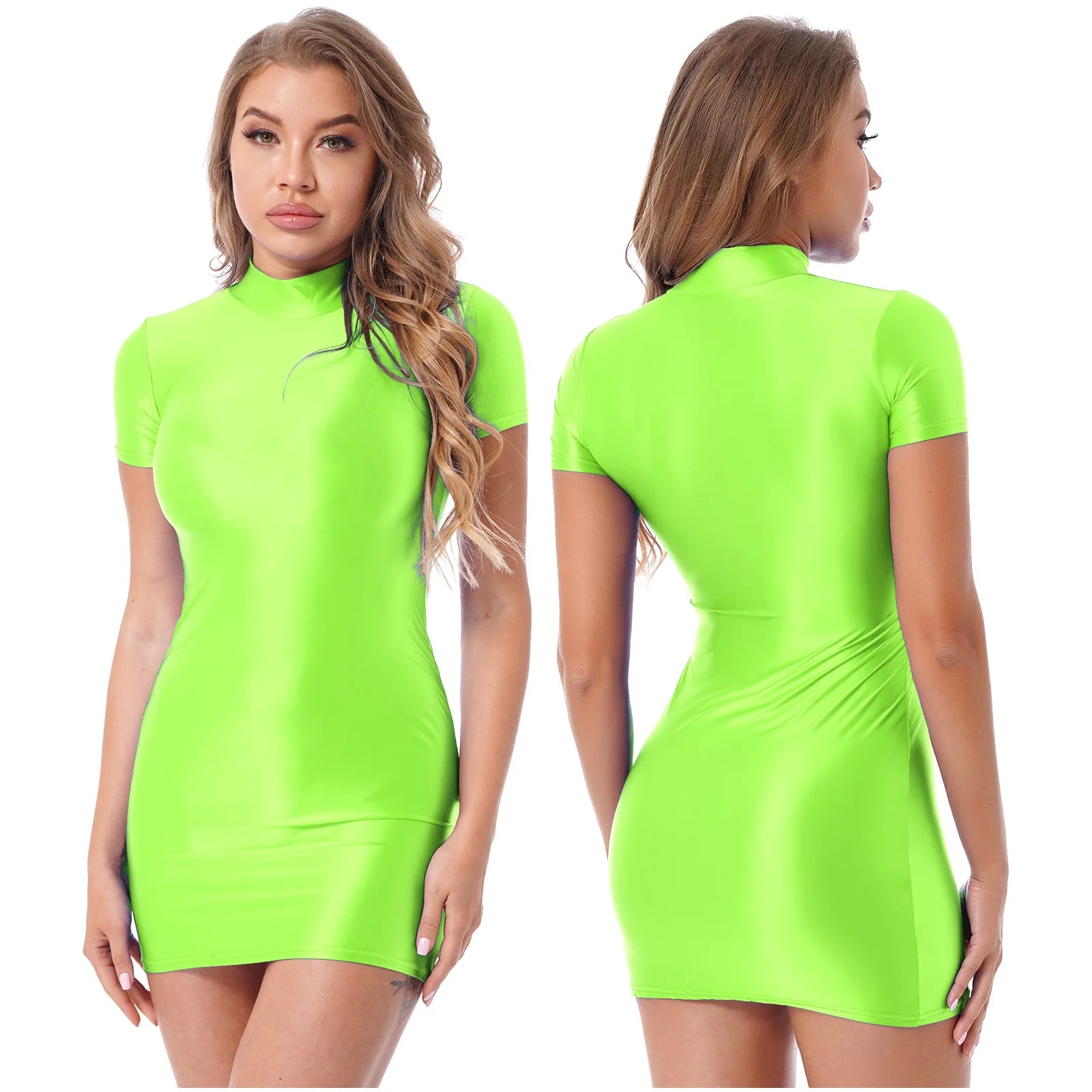 Women's  Solid Color Smooth Stretchy Mock Neck Tight Party Dresses Female Dresses Glossy Long Sleeve Bodycon Dress Nightwear