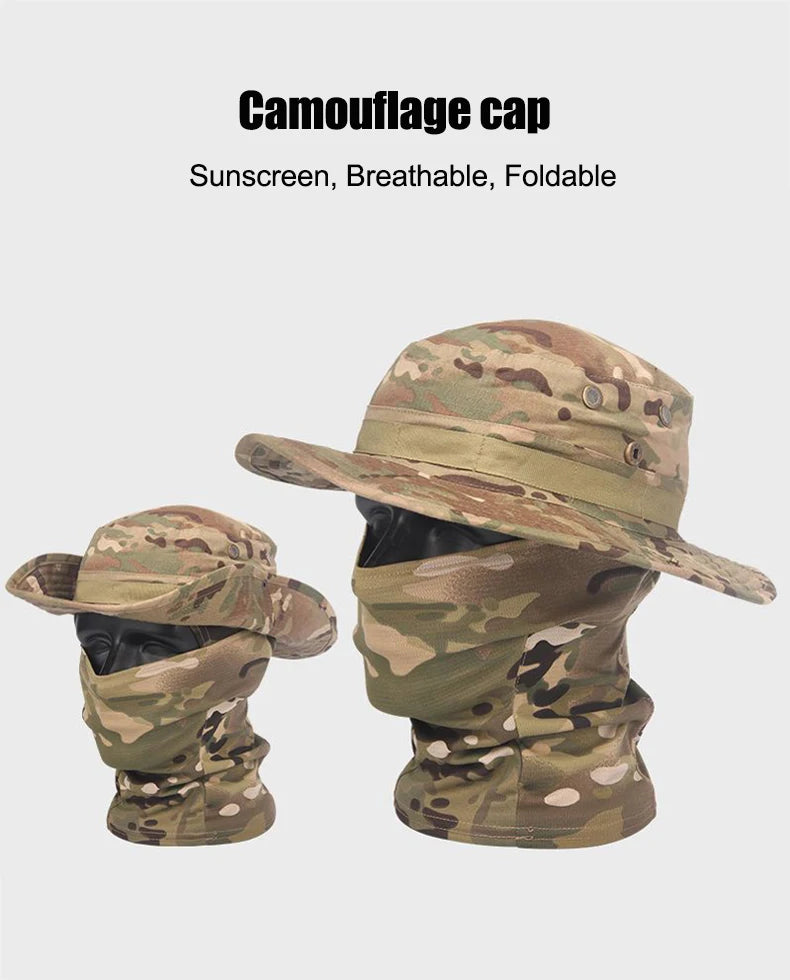 Camouflage Boonie Cap Balaclava Hat Suit Foldable Soft Hat Outdoor Hunting Fishing Wide Brimmed Hat Sunscreen Caps