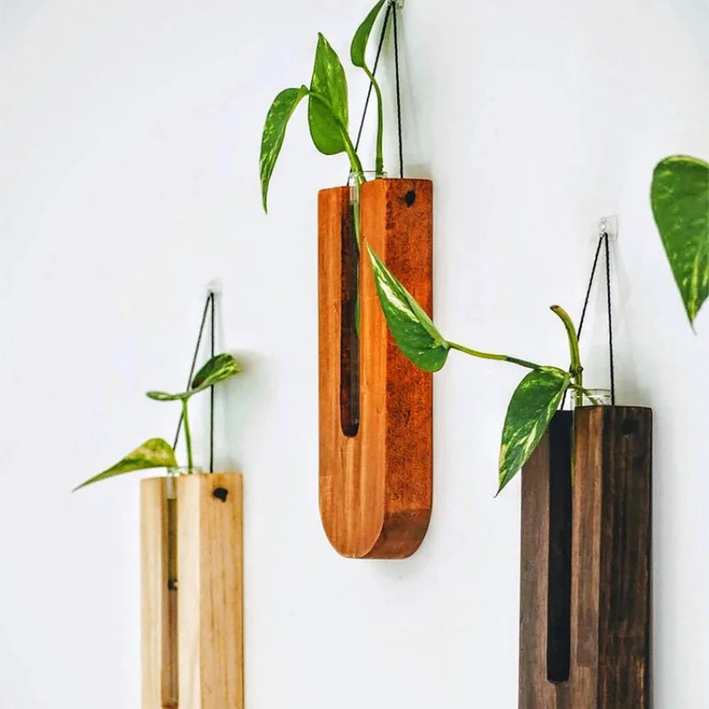 Wooden Hanging Planters Bohemia Wall Plant Propagation Terrarium Flower Tube Vase with Wood Stand, Indoor Propagator for Plants