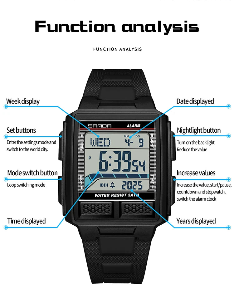 SANDA 2212 Fashion Electronic Watch Alarm Clock Luminous Calendar Water Resistant Shockproof Sports Digital Watches for Man