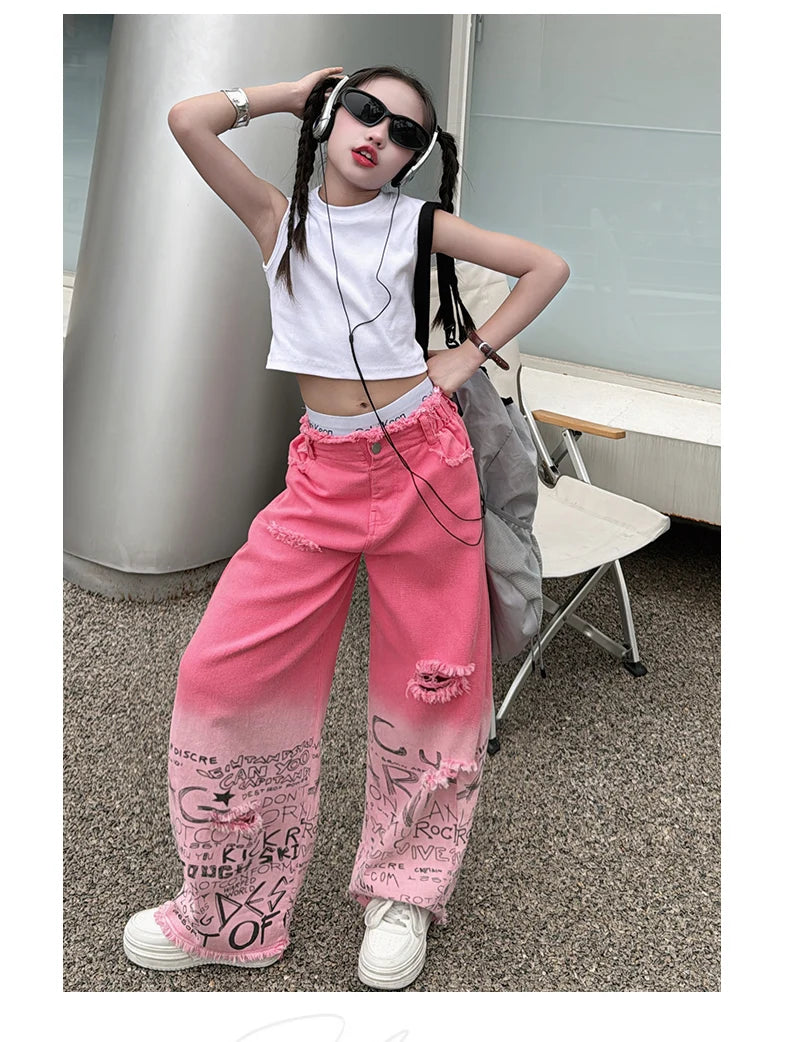 junior girls pink gradient color hole wide leg jeans cotton teenager kids Mop pants pant children trousers adolecentes 4 12 14