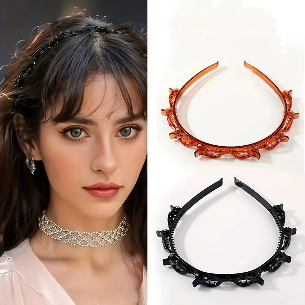 Braided Headband with Double-Layered Braids & Hollow Braiding - Solid Color Retro Hair Clip for Bangs, Volume & Braiding Styles