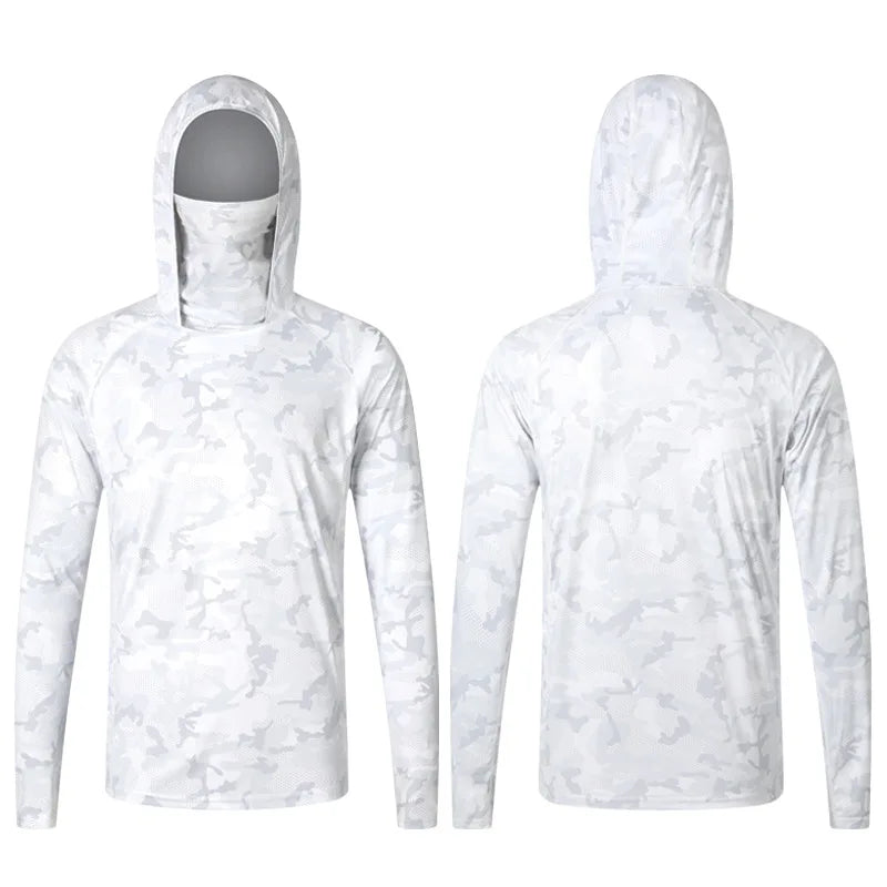 Camouflage Fishing T-shirt with Face Mask Long Sleeve Ice Silk Summer Fishing Shirt Breathable Sunscreen Hooded Fishing Top