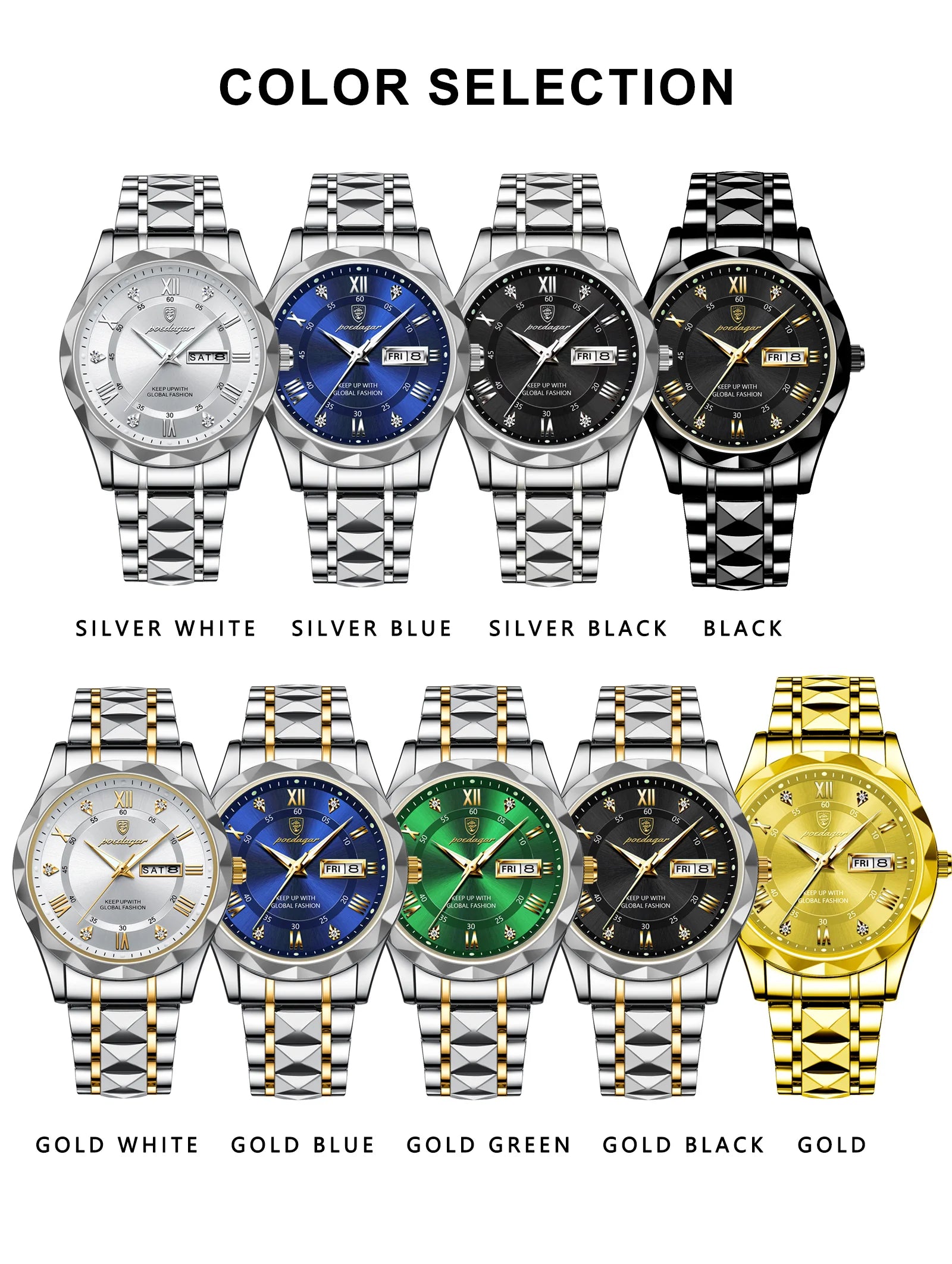 POEDAGAR Luxury Brand Men's Watches Waterproof Stainless Steel Luminous Man Wristwatch Date Week Quartz Business Men Clock Reloj