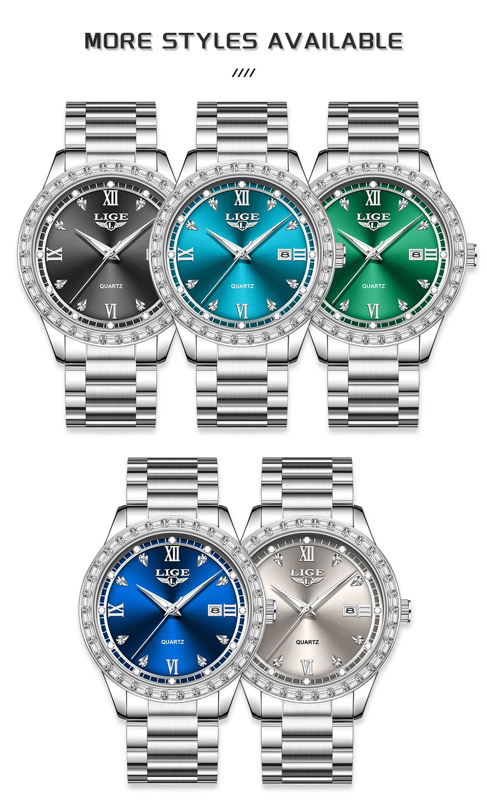 LIGE Creative Diamond Design Watch Women Waterproof Stainless Steel Luminous Ladies Watches Simple Elegant Quartz Wristwatch