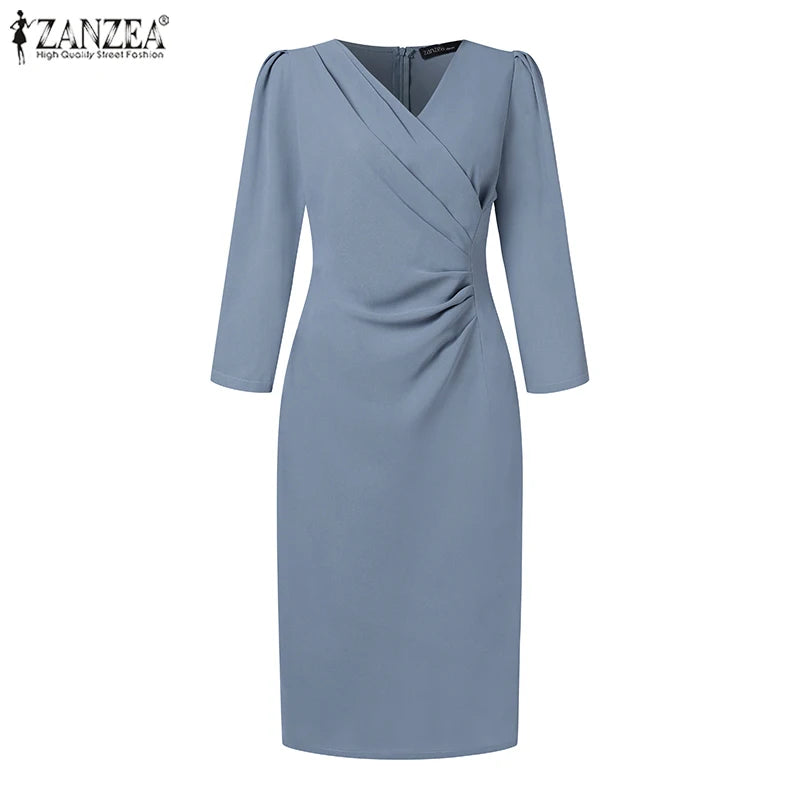 ZANZEA Autumn Women Elegant V Neck Bodycon Dress Ladies Party Club Dresses Fashion Work OL Vestidos 2024 Spring Women's Clothing