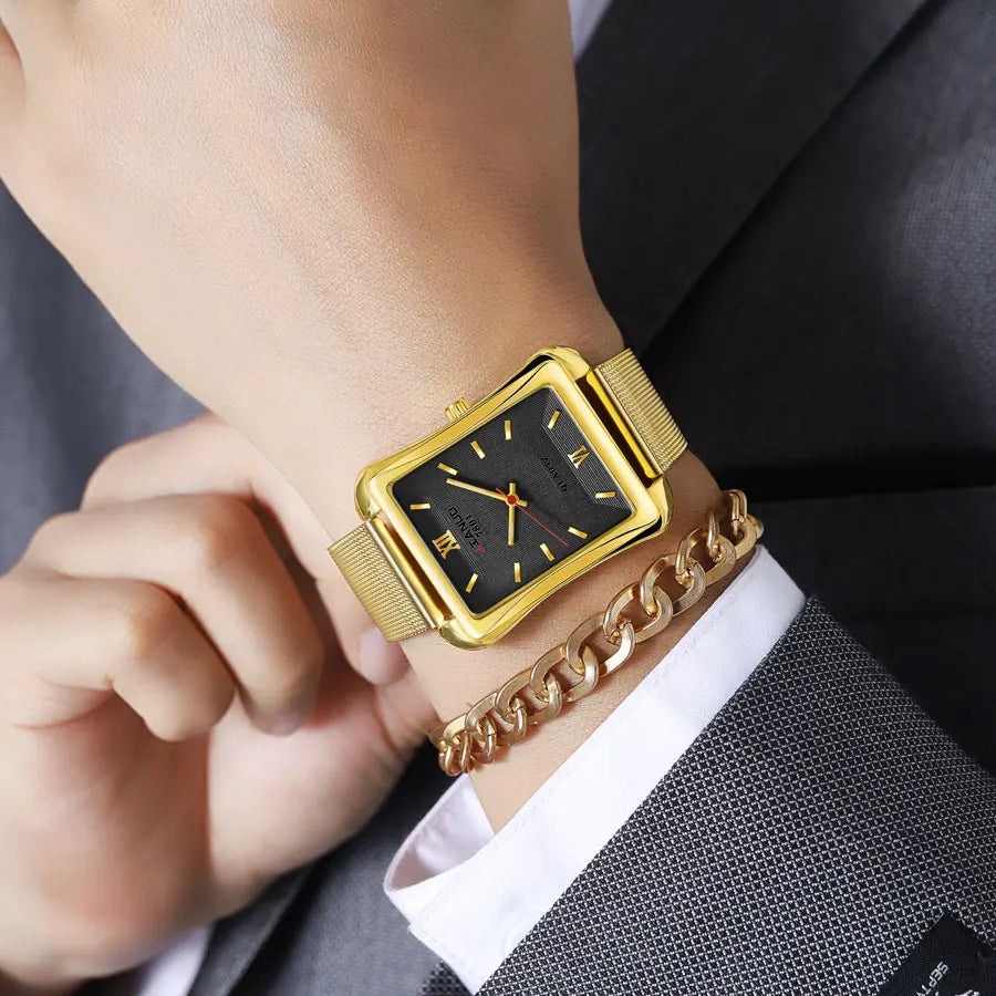 2024 New Trendy Men's Square Watch Business Luxury Large Dial Gold Mesh Band Scale Fashion Men's Quartz Watch