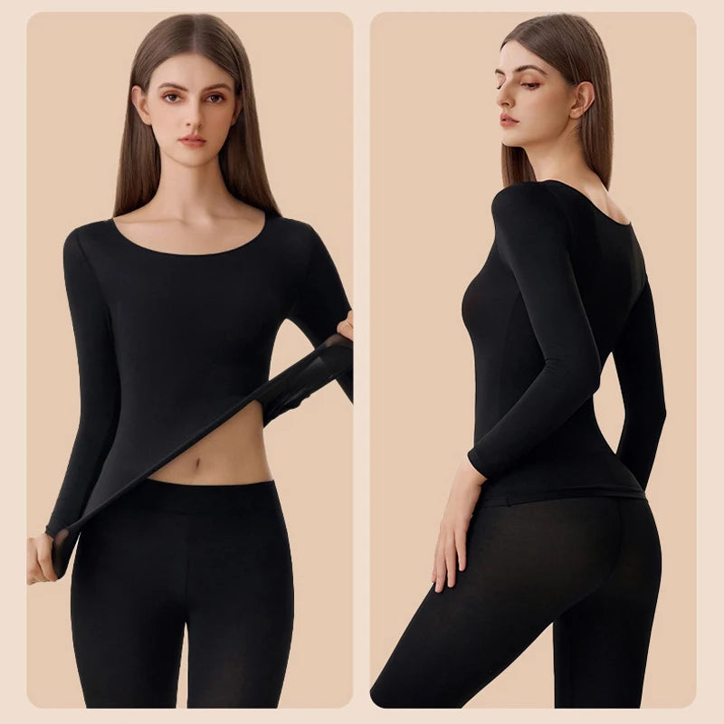 Women's Ultra-Thin Seamless Thermal Underwear High-Elasticity Warm Vest Slim Fit Top Casual Long Sleeves Lightweight Sleepwear