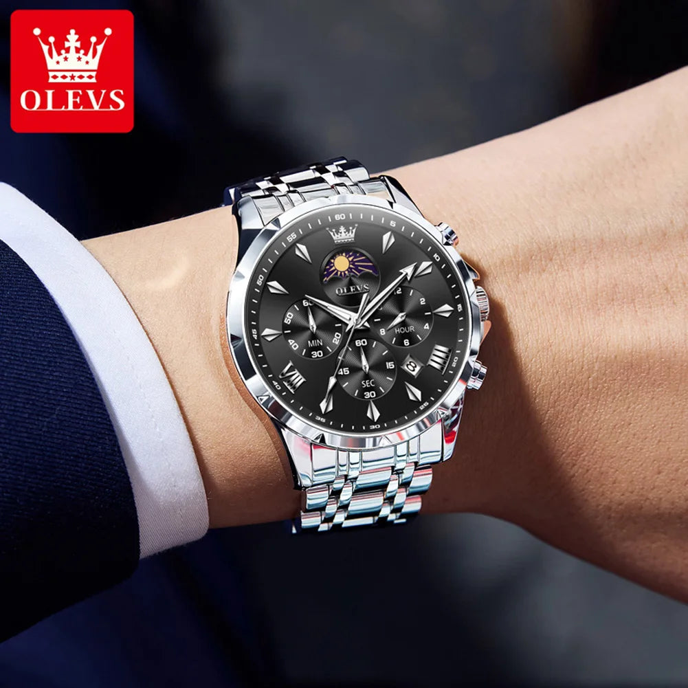 OLEVS 3653 Luminous Chronograph Stainless Steel Quartz Watch for Men Waterproof Sports Calendar Date Wristwatches Reloj Hombre