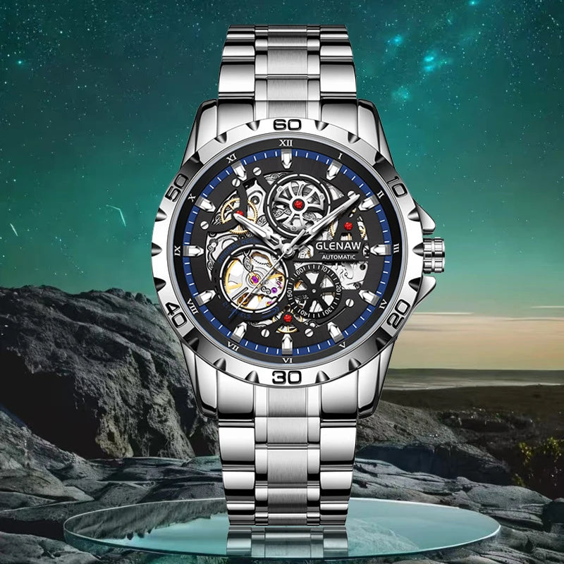 2025 GLENAW NEW Steampunk Skeleton Men Watch Luxury Automatic Mechanical Watches Luminous waterproof Stainless Steel Strap Watch