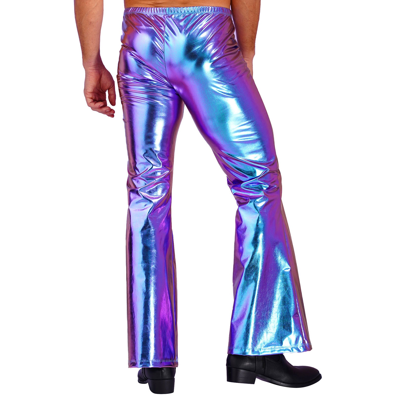 Men Metallic Shiny Flared Pants Retro Disco Costume Elastic Waistband Bell Bottom Trousers Long Pants 70s Party Show Clubwear
